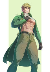  1boy abs alternate_pectoral_size artist_name bara belt blonde_hair coat evinist gloves highres large_pectorals looking_at_viewer male_focus mature_male muscular muscular_male nipples palmer_(pokemon) pants pectoral_cleavage pectorals pokemon pokemon_dppt smile solo tight_clothes underpec 