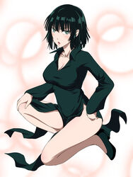  absurdres black_hair blush bob_cut breasts cleavage cosplay dark_green_hair dress female fubuki_(one-punch_man) green_eyes green_hair highres hugimosi large_breasts looking_at_viewer one-punch_man open_mouth short_hair simple_background solo tatsumaki tatsumaki_(cosplay) 