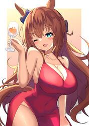  animal_ears aqua_eyes bare_shoulders bow breasts brown_hair cleavage collarbone covered_navel cowboy_shot curvy dress drink ear_bow female halter_dress halterneck hand_up highres horse_ears horse_girl horse_tail leaning_forward light_blush long_hair looking_at_viewer maruzensky_(umamusume) one_eye_closed open_mouth red_dress side_slit simple_background smile solo tail umamusume yuutopia 