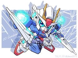  00_gundam blue_eyes character_name dated dual_wielding gn_drive gundam gundam_00 holding holding_sword holding_weapon mecha no_humans robot science_fiction shokkaa_(shmz61312) solo sword twitter_username v-fin weapon 