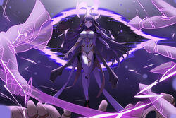  absurdres armor breasts cleavage fake_horns female genshin_impact hair_ornament hands helmet highres horned_headwear horned_helmet horns japanese_clothes kcar66t large_breasts long_hair looking_at_viewer md5_mismatch mole mole_under_eye official_alternate_costume purple_eyes purple_hair raiden_shogun raiden_shogun_(magatsu_mitake_narukami_no_mikoto) solo 