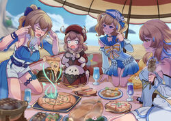  4girls ahoge barbara_(genshin_impact) barbara_(summertime_sparkle)_(genshin_impact) beach blue_eyes blue_sky blurry bow bread bread_slice brown_eyes cabbie_hat chicken-mushroom_skewer_(genshin_impact) choker cloud cloudy_sky coat commentary cup day depth_of_field detached_sleeves drill_hair drink drinking_glass english_commentary finger_to_head fish-flavored_toast_(genshin_impact) flower food genshin_impact hair_between_eyes hair_flower hair_ornament hair_ribbon hairbow hat hat_feather hat_ornament highres holding holding_food horizon island jean_(genshin_impact) jean_(sea_breeze_dandelion)_(genshin_impact) jumpy_dumpty klee_(genshin_impact) kneeling light_brown_hair long_hair long_sleeves looking_at_another low_twintails lumine_(genshin_impact) man_levitating_pizza_(meme) meme mondstadt_grilled_fish_(genshin_impact) multiple_girls ocean official_alternate_costume pizza plate pointy_ears ponytail ribbon scarf short_hair sidelocks skaditya skewer sky steak sweatdrop sweet_madame_(genshin_impact) telekinesis toast twin_drills twintails 