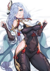  bad_id bad_pixiv_id black_bodysuit black_gloves blue_eyes blush bodysuit braid breasts clothing_cutout covered_navel elbow_gloves female genshin_impact gloves grey_hair hair_ornament hair_over_one_eye hamahama highres hip_vent large_breasts long_hair long_sleeves looking_at_viewer low-braided_long_hair low-tied_long_hair lying on_back open_mouth partially_fingerless_gloves puffy_long_sleeves puffy_sleeves shenhe_(genshin_impact) shoulder_cutout solo tabard tassel thighs very_long_hair 