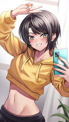  alternate_costume arm_up black_pants blush brown_hair cellphone crop_top cropped_hoodie drawstring female green_eyes grin hand_up highres holding holding_phone hololive hood hood_down hoodie indoors leaf long_sleeves looking_at_viewer midriff multicolored_nails nail_polish navel oozora_subaru orange_hoodie orange_nails pants phone selfie shirt short_hair sidelocks smartphone smile solo standing stomach swept_bangs tsurime v virtual_youtuber wszkii yellow_nails 