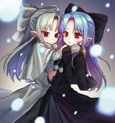  2girls :&lt; absurdres black_bow black_capelet black_coat black_dress bow capelet coat dress dual_persona fur-trimmed_capelet fur_trim hairbow half_updo highres hug kagetsu_tooya len_(tsukihime) long_hair looking_at_viewer melty_blood multiple_girls no_pupils plus_no_p pointy_ears red_eyes snowing tsukihime white_bow white_capelet white_coat white_dress white_hair white_len_(tsukihime) 