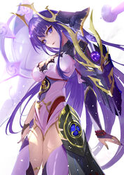  armor bracelet breasts fake_horns female genshin_impact hair_ornament helmet highres hip_armor horned_headwear horned_helmet horns japanese_clothes jewelry large_breasts long_hair looking_at_viewer mitsudomoe_(shape) nail_polish official_alternate_costume okura_shito purple_eyes purple_hair raiden_shogun raiden_shogun_(magatsu_mitake_narukami_no_mikoto) shoulder_armor solo thighs tomoe_(symbol) 