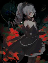  absurdres bad_id bad_pixiv_id black_background black_dress black_gloves black_pantyhose breasts bronya_zaychik bronya_zaychik_(black_nucleus) bug butterfly cleavage commentary_request cowboy_shot dress elbow_gloves female flower gloves grey_hair highres honkai_(series) honkai_impact_3rd japanese_clothes kimono multicolored_hair pantyhose parted_lips ponytail red_eyes red_flower red_hair small_breasts solo strapless strapless_dress streaked_hair yukizawa_xueze 