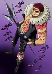  1boy abs arm_at_side arm_tattoo armlet asymmetrical_clothes bare_pectorals belt black_gloves black_pants black_vest boots charlotte_katakuri chest_tattoo collarbone commentary english_commentary eyebrows fangs fangs_out full_body fur_trim gloves hand_on_own_hip highres holding holding_polearm holding_weapon jewelry jojo_no_kimyou_na_bouken knee_pads looking_at_viewer male_focus menacing_(jojo) muscular muscular_male nipples one_piece open_clothes open_vest pants parody pectorals polearm purple_eyes purple_hair short_hair skull skull_belt solo sound_effects spear spiked_armlet spikes spurs standing stitched_mouth stitches stomach stomach_tattoo style_parody tattoo tina_fate vest weapon 