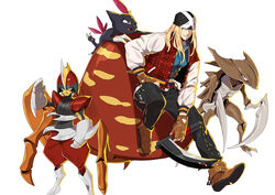  1boy absurdres axl_low bandana belt bisharp black_pants blonde_hair blue_eyes brown_footwear brown_gloves crossover fingerless_gloves gloves grin guilty_gear guilty_gear_strive highres holding holding_weapon jacket kabutops long_hair makai male_focus pants parasect pokemon pokemon_(creature) red_belt scythe simple_background sitting smile sneasel weapon white_background zipper 