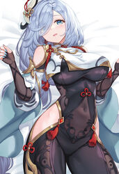  bare_shoulders black_bodysuit blue_eyes blue_nails blush bodysuit braid breast_curtain breasts clothing_cutout covered_navel earrings eyes_visible_through_hair female genshin_impact gloves gold_trim grey_hair hair_ornament hair_over_one_eye hamahama highres hip_vent jewelry large_breasts long_hair low-braided_long_hair low-tied_long_hair lying nail_polish on_back open_mouth partially_fingerless_gloves shenhe_(genshin_impact) shoulder_cutout side_cutout smile solo stomach_cutout tassel tassel_earrings thigh_cutout 