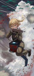  absurdres ahoge black_footwear blonde_hair blue_eyes cross evil_smile female flying gun hair_between_eyes highres holding holding_weapon iron_cross long_hair long_sleeves looking_at_viewer military military_uniform mondragon_rifle open_mouth outdoors ponytail silvertsuki smile soldier solo tanya_degurechaff uniform weapon yellow_eyes youjo_senki 