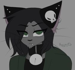  alternative_fashion anthro bell bell_collar collar cumcadaver domestic_cat ear_piercing ear_ring ear_stud eyeliner facial_hair felid feline felis goth hi_res makeup male mammal neve_lunn piercing ring_piercing rule_63 skull_accessory snaggle_tooth solo sweatshirt 