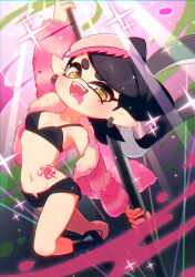  alternate_costume black_bra black_footwear black_hair black_shorts boots bow-shaped_hair bra breasts callie_(splatoon) chromatic_aberration cleavage commentary_request coula_cat cross-shaped_pupils earrings fangs female fur_jacket groin highres inkling jacket jewelry long_hair midriff mole mole_under_eye navel open_clothes open_jacket open_mouth pink_jacket pointy_ears pole shorts solo sparkle splatoon_(series) splatoon_2 stomach_tattoo symbol-shaped_pupils tattoo tentacle_hair thick_eyebrows tongue tongue_out twintails underwear yellow_eyes zipper zipper_pull_tab 