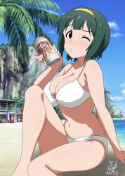  beach bikini blue_sky breasts brown_eyes can cliff cloud dated day drink_can female green_hair hairband highres idolmaster kirie_dou large_breasts looking_at_viewer mole mole_under_mouth one_eye_closed otonashi_kotori outdoors palm_tree short_hair signature sky solo swimsuit tree white_bikini yellow_hairband 