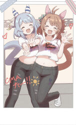  2girls ^_^ absurdres animal_ears antenna_hair black_pants brown_hair closed_eyes clothes_writing commentary_request dantsu_flame_(umamusume) ear_covers facing_viewer grey_hair highres hishi_miracle_(umamusume) horse_ears horse_girl horse_tail medium_hair midriff multicolored_hair multiple_girls navel official_alternate_costume open_mouth pants shirt smile sunanuko_(ramuneko) t-shirt tail umamusume white_footwear white_hair white_shirt 