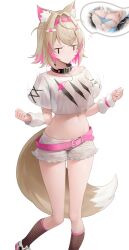  absurdres animal_ear_fluff bandaid bandaids_on_nipples belt belt_buckle black_collar blonde_hair blush breasts buckle collar commentary crop_top cropped_shirt dog_girl dog_tail female frilled_shorts frills fuwawa_abyssgard fuwawa_abyssgard_(1st_costume) head_out_of_frame highres hololive hololive_english mococo_abyssgard mococo_abyssgard_(1st_costume) multicolored_hair navel open_mouth pasties pink_belt pink_hair print_shirt see-through_silhouette shirt short_hair short_sleeves shorts simple_background small_breasts smile solo somebody_(leiking00) streaked_hair tail thighs thought_bubble virtual_youtuber white_arm_warmers white_background white_shirt 