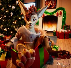  2024 3d_(artwork) anthro c4d carpet christmas christmas_tree cinema_4d_(artwork) daytia digital_media_(artwork) feet fireplace fur garland gift hi_res holidays lamp loft male pawpads paws plant pose posed rexouium toes tree vrchat warm_light warm_lighting ych 