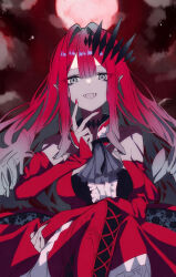  ascot baobhan_sith_(fate) baobhan_sith_(first_ascension)_(fate) bare_shoulders boots breasts center_frills detached_collar detached_sleeves dress fangs fate/grand_order fate_(series) female frills grey_eyes highres large_breasts long_hair looking_at_viewer open_mouth pink_hair pointy_ears red_dress red_footwear revision saint_laurent_paris sidelocks smile solo thigh_boots tiara 