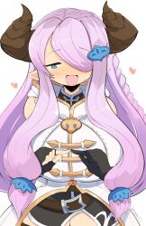  artist_name asymmetrical_gloves black_gloves blue_eyes breasts brown_horns commentary draph female fingerless_gloves gloves granblue_fantasy hair_ornament hair_over_one_eye highres horns huge_breasts jellcaps long_hair mismatched_gloves narmaya_(granblue_fantasy) open_mouth pointy_ears purple_hair simple_background solo upper_body white_background 