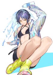  arm_support arm_up bikini black_bikini black_shorts blue_hair bottle breasts commentary female hashtag-only_commentary hayami_kanade highres holding holding_bottle idolmaster idolmaster_cinderella_girls jacket knees_up medium_breasts open_clothes open_jacket pouring pouring_onto_self shadow short_hair shorts sitting sleeves_past_wrists solo stomach suspenders swimsuit white_background white_jacket yannn yellow_eyes yellow_footwear 