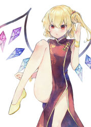  alternate_costume bare_legs blonde_hair blush bracelet china_dress chinese_clothes collared_dress commentary_request crystal_wings dress earrings female flandre_scarlet flats hand_up highres jewelry knee_up looking_ahead multicolored_wings open_mouth pelvic_curtain pointy_ears red_dress red_eyes red_nails simple_background sleeveless sleeveless_dress solo stud_earrings touhou white_background wings yellow_footwear yurara_(aroma42enola) 