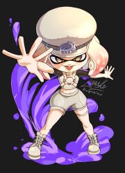  :d absurdres black_background boots crop_top female foreshortening grey_footwear grey_shorts hat highres inkling midriff navel official_alternate_costume open_mouth pearl_(splatoon) short_sleeves shorts simple_background smile solo splatoon_(series) splatoon_3 standing stomach tentacle_hair thigh_strap wagashi425 yellow_eyes 