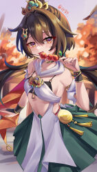  :d bare_shoulders black_bra black_bridal_gauntlets bra bracelet breasts bridal_gauntlets brown_eyes brown_hair chinese_clothes choker clothing_cutout commentary cowboy_shot detached_sleeves earrings eating female food green_skirt hair_between_eyes hair_ornament hairclip hand_up headpiece highres holding holding_food holding_skewer honkai:_star_rail honkai_(series) jewelry looking_at_viewer low_twintails open_mouth outdoors single_earring skewer skirt smile solo stomach stomach_cutout tanghulu twintails underwear yaoza~ yunli_(honkai:_star_rail) 