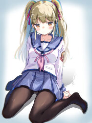  akayama_yukihe angel_beats! arm_support black_pantyhose blonde_hair blue_sailor_collar blue_skirt blunt_bangs blush brown_eyes closed_mouth collarbone commentary drop_shadow earpiece expressionless female full_body hair_ribbon highres jitome leaning_back legs long_hair long_sleeves looking_at_viewer miniskirt neckerchief no_shoes panties panties_under_pantyhose panty_peek pantyhose pink_neckerchief pleated_skirt red_ribbon ribbon sailor_collar shinda_sekai_sensen_uniform shirt sidelocks simple_background sitting skirt solo thighs twintails underwear vignetting wariza white_background white_shirt yusa_(angel_beats!) 