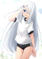  black_buruma blue_eyes buruma commission cowboy_shot female gym_shirt gym_uniform hair_over_one_eye indie_virtual_youtuber long_hair noir_(noworld) noworld shibacha shirt skeb_commission smile solo t-shirt white_hair white_shirt 