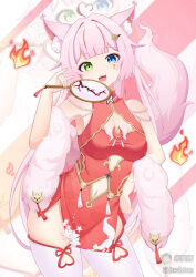  ahoge animal_ear_fluff animal_ears armpits bare_shoulders blue_eyes breasts china_dress chinese_clothes cleavage_cutout clothing_cutout contrapposto cowboy_shot cutout_above_navel dress facial_mark feather_boa female fox_ears fox_girl fox_tail gold_trim green_eyes hand_fan hand_on_own_hip heart heart_ahoge heterochromia highres holding holding_fan juumon long_hair looking_at_viewer medium_breasts navel navel_cutout oerba_yun_fang open_mouth original paper_fan pelvic_curtain pink_hair red_dress short_dress sleeveless sleeveless_dress smile solo standing tail thighhighs very_long_hair white_thighhighs zettai_ryouiki 