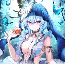  blue_butterfly blue_hair blue_veil breasts bug butterfly closed_mouth collarbone commentary cropped cup dress feet_out_of_frame female hair_between_eyes highres holding holding_cup large_breasts looking_at_viewer medium_hair purple_eyes sidelocks sitting smile solo tacet_mark_(wuthering_waves) the_shorekeeper_(wuthering_waves) upper_body white_dress white_veil wuthering_waves yuheng-art 