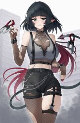  bare_shoulders black_hair black_shorts blunt_bangs chains commentary cowboy_shot crop_top doiparuni elbow_gloves female fishnet_gloves fishnet_pantyhose fishnet_thighhighs fishnets gloves grey_eyes highres holding holding_knife holding_weapon jane_doe_(zenless_zone_zero) knife long_hair looking_at_viewer midriff multicolored_hair nail_polish pantyhose red_hair red_nails short_shorts shorts single_leg_pantyhose single_thighhigh solo standing thighhighs thighs torn_clothes torn_pantyhose two-tone_hair very_long_hair weapon zenless_zone_zero 