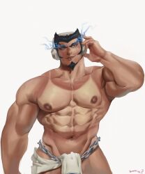  1boy abs bara black_hair chains danganronpa_(series) danganronpa_2:_goodbye_despair facial_hair goatee headphones highres large_pectorals male_focus meme muscular muscular_male navel nidai_nekomaru nipples nizzperoo pectorals short_hair simple_background smile solo white_background 