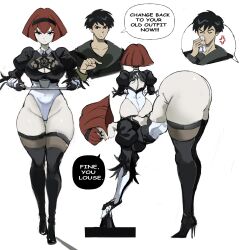  1boy 2b_(nier:automata) 2b_(nier:automata)_(cosplay) android aroused_nosebleed ass ass_visible_through_thighs bent_over black_dress black_eyes black_footwear black_gloves black_hair bob_cut boots breasts cleavage_cutout clothing_cutout cosplay dress english_commentary english_text feather-trimmed_sleeves female gloves high_heel_boots high_heels highres holding holding_tissue holding_tray large_breasts leotard multiple_views nier:automata nier_(series) r_dorothy_wayneright rakeemspoon red_hair roger_smith short_hair speech_bubble the_big_o thigh_boots thong_leotard tray white_background 