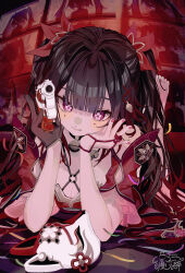  absurdres bell black_gloves black_hair breasts cleavage commentary_request criss-cross_halter female flower-shaped_eyewear fox_mask gloves gmpoo93 gun hair_between_eyes hair_ribbon halterneck highres holding holding_gun holding_weapon honkai:_star_rail honkai_(series) long_hair lying mark_under_both_eyes mask medium_breasts neck_bell on_stomach pink_eyes revolver ribbon single_glove snubnosed_revolver solo sparkle sparkle_(honkai:_star_rail) twintails unworn_mask weapon 