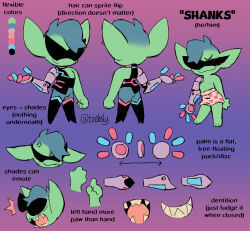  boxer_briefs clothed clothing color_swatch english_text eyewear goblin humanoid male mechanical_arm model_sheet not_furry pronouns solo sunglasses teebsly text underwear 