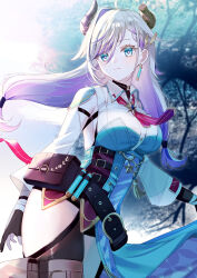  absurdres ahoge atelier_(series) atelier_resleriana belt belt_pouch black_gloves blue_eyes blurry blurry_background breasts broken_horn closed_mouth collared_shirt commentary_request cowboy_shot demon_horns earrings female gloves hair_between_eyes highres horns jewelry large_breasts long_hair long_sleeves looking_at_viewer misumi_(macaroni) multicolored_hair necktie official_art outdoors pouch purple_hair red_necktie second-party_source shirt smile solo standing thigh_pouch tree two-tone_hair valeria_(atelier) white_shirt wind 