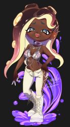  :d absurdres aqua_eyes bare_shoulders bikini bikini_top_only black_background boots breasts brown_hair cross-laced_footwear dark_skin female hand_on_own_hip highres lace-up_boots long_hair looking_at_viewer marina_(splatoon) medium_breasts mole mole_under_mouth navel octoling official_alternate_costume open_mouth pants simple_background smile solo splatoon_(series) splatoon_3 standing stomach swimsuit tentacle_hair wagashi425 white_footwear white_pants 