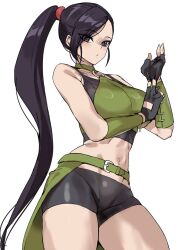  ashiomi_masato bare_shoulders black_hair breasts choker dragon_quest dragon_quest_xi female fingerless_gloves gloves highres large_breasts long_hair looking_at_viewer martina_(dq11) navel ponytail purple_eyes purple_hair solo very_long_hair 