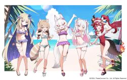  5girls :d absurdres animal_ear_fluff animal_ear_request animal_ears aqua_bikini aqua_bow arm_up bare_shoulders beach bikini bikini_ribbon blonde_hair blue_bikini blue_bow blue_flower blue_hair blue_sky blush bow braid breasts brown_footwear brown_tail chair character_request closed_mouth cloud colored_inner_hair day english_commentary fire flower flower_request food footwear_bow foreshortening frilled_bikini frills goeleu hair_flower hair_ornament hair_over_shoulder hairbow hand_up highres holding holding_food holding_popsicle jewelry light_brown_hair long_hair looking_at_viewer medium_breasts midriff multicolored_hair multiple_girls navel necklace ocean one-piece_swimsuit one_eye_closed open_mouth outdoors phase_connect pink_bow pink_hair pink_ribbon ponytail popsicle purple_bikini purple_bow red_one-piece_swimsuit ribbon sandals short_hair sky small_breasts smile standing swimsuit twin_braids two_side_up v very_long_hair white_bikini white_footwear white_hair white_ribbon 