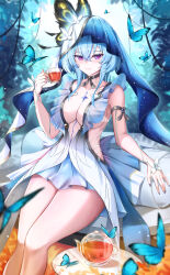  absurdres blue_butterfly blue_hair blue_veil breasts bug butterfly closed_mouth collarbone commentary cowboy_shot cup dress feet_out_of_frame female hair_between_eyes highres holding holding_cup large_breasts looking_at_viewer medium_hair purple_eyes sidelocks sitting smile solo tacet_mark_(wuthering_waves) the_shorekeeper_(wuthering_waves) white_dress white_veil wuthering_waves yuheng-art 