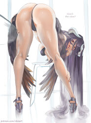  absurdres albedo_(overlord) alva_(artofalva) ass bent_over bikini black_bikini black_feathers black_hair black_wings breasts demon_girl english_text feathered_wings feathers female hair_between_eyes highres horns large_breasts long_hair looking_at_viewer low_horns low_wings overlord_(maruyama) solo swimsuit white_horns wings yellow_eyes 