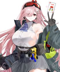  absurdres arm_tattoo armpits ascot belt bisaytin black_gloves breasts checkered_ascot collared_shirt commentary earrings female girls&#039;_frontline gloves goggles goggles_on_head green_jacket grey_jacket grey_skirt gun hair_ornament hairpin heart heart_earrings highres holding holding_gun holding_weapon jacket jewelry large_breasts long_hair looking_at_viewer multicolored_clothes multicolored_jacket multiple_hairpins neck_tattoo pink_hair pouch red_eyes shirt sig_mcx_(girls&#039;_frontline) simple_background single_off_shoulder skirt smile taser tattoo torn_clothes torn_shirt two-tone_jacket w weapon white_background 