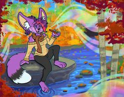  anthro autumn boulder canid canine drugs emberfox fall_(disambiguation) female fennec_fox forest fox leaf mammal marijuana nightlinez plant purple_body river rock smoke smoking solo tree true_fox water 