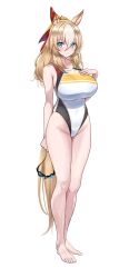  absurdres animal_ears barefoot blonde_hair blue_eyes competition_swimsuit durandal_(umamusume) ear_covers female full_body goggles herohero_(higashi_no_dou) highleg highleg_one-piece_swimsuit highres holding holding_goggles horse_ears horse_girl horse_tail long_hair multicolored_clothes multicolored_swimsuit one-piece_swimsuit single_ear_cover solo standing swimsuit tail umamusume unworn_goggles white_one-piece_swimsuit 