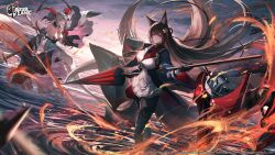  2girls absurdres amagi_(azur_lane) amagi_(cv)_(azur_lane) anchor anchor_choker animal_ears azur_lane bird black_footwear black_gloves black_pantyhose blue_eyes boots breasts brown_hair cleavage closed_mouth cloud cloudy_sky coat commentary copyright_name dawn detached_sleeves double_bun dress english_commentary expressionless eyeliner flower fox_ears fox_girl fox_tail full_body gloves hair_bun hair_flower hair_ornament highres hikimayu holding holding_sword holding_umbrella holding_weapon horns kitsune knee_boots large_breasts logo long_hair long_sleeves looking_at_viewer makeup medium_hair miniskirt multiple_girls multiple_tails namahamu913 neck_tassel ocean official_art oil-paper_umbrella outdoors pantyhose pleated_skirt purple_eyes red_eyeliner red_pupils rigging second-party_source sidelocks single_horn skirt sky standing standing_on_liquid strapless strapless_dress sword tail tassel turret umbrella very_long_hair watarase_(azur_lane) watermark weapon white_coat white_dress white_hair white_skirt wide_sleeves 