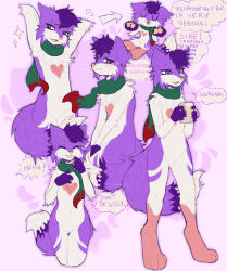  2021 ambiguous_gender anthro blue_scarf canid canine chest_markings chibi collage_(artwork) countershading english_text fox fur hair heart_(marking) hi_res leg_markings mammal markings mostly_nude multicolored_scarf multiple_images open_mouth pink_background pink_body pink_fur pink_nose portrait purple_body purple_fur purple_hair red_scarf scarf scarf_only simple_background smile socks_(marking) solo tametama text three-quarter_portrait two_tone_scarf uwu white_body white_countershading white_fur 