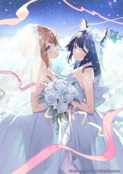  2girls animal_ear_fluff animal_ears atelier_(series) atelier_resleriana bare_shoulders black_hair blue_eyes bouquet breasts bridal_veil bride brown_hair cat_ears cat_girl cleavage closed_mouth commentary_request cowboy_shot dress flower from_side hair_between_eyes hair_ornament hairclip holding holding_bouquet izana_kokoschka jewelry long_hair looking_at_viewer medium_breasts multiple_girls necklace official_alternate_costume official_art outdoors resna_sternenlicht rose second-party_source short_hair sky smile standing star_(sky) starry_sky strapless strapless_dress umiu_geso veil wedding_dress white_dress white_flower white_rose 