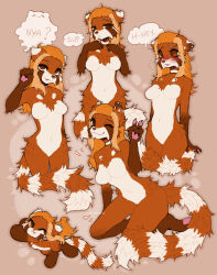  2021 ailurid anthro blush breasts brown_background brown_nose chibi english_text featureless_breasts female full-length_portrait fur gesture hair hand_gesture hi_res kneeling mammal markings medium_breasts multiple_images navel nude nya one_eye_closed orange_body orange_fur orange_hair pawpads pink_pawpads portrait red_panda ring_(marking) ringed_tail simple_background smile solo striped_markings striped_tail stripes tail tail_markings tametama text three-quarter_portrait v_sign white_body white_fur wink 