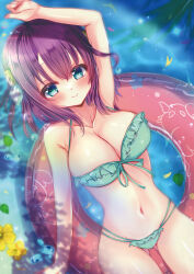  alternate_costume ao_no_kanata_no_four_rhythm aqua_eyes arm_at_side arm_up armpit_crease ass_visible_through_thighs bare_arms bare_shoulders bikini breasts cleavage closed_mouth collarbone commentary_request cowboy_shot day dutch_angle female flower flower_on_liquid frilled_bikini frills front-tie_bikini_top front-tie_top green_bikini hair_between_eyes hair_ornament halterneck happy highres ichinose_rika large_breasts lips looking_at_viewer lying medium_hair navel nekota_min on_back outdoors purple_hair smile solo sparkle sparkling_eyes stomach straight_hair swim_ring swimsuit water yellow_flower 